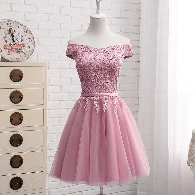 Precioso vestido de fiesta corto con hombros descubiertos, bonito vestido de bienvenida