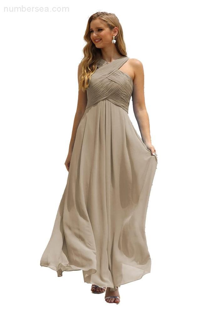 Numbersea Women Halter Chiffon Bridesmaid Dress A-line Long Formal Prom Gown SEA28015-numbersea