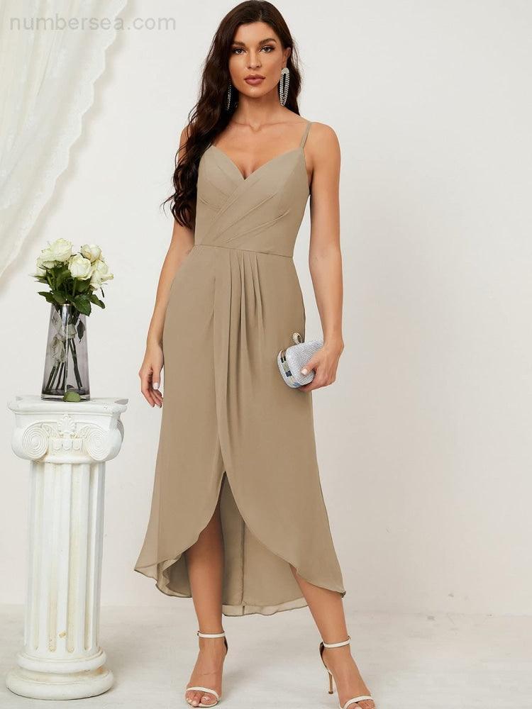 Numbersea Spaghetti Chiffon V Neck Bridesmaid Dress Mid-Length Slit Formal Prom Dress Homecoming Dress 2803-numbersea