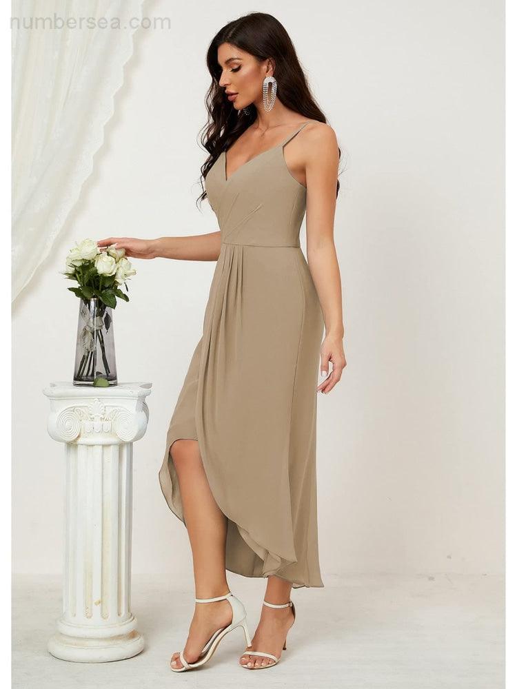 Numbersea Spaghetti Chiffon V Neck Bridesmaid Dress Mid-Length Slit Formal Prom Dress Homecoming Dress 2803-numbersea