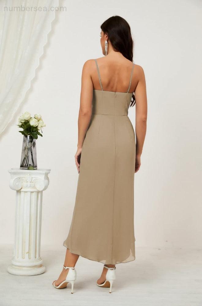 Numbersea Spaghetti Chiffon V Neck Bridesmaid Dress Mid-Length Slit Formal Prom Dress Homecoming Dress 2803-numbersea