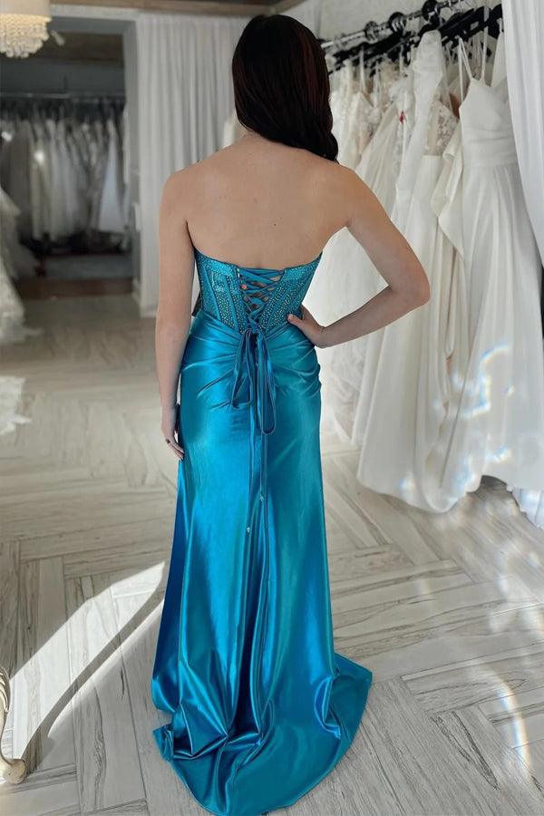 Vestido de fiesta formal sin tirantes con diamantes de imitación en color verde azulado y abertura
