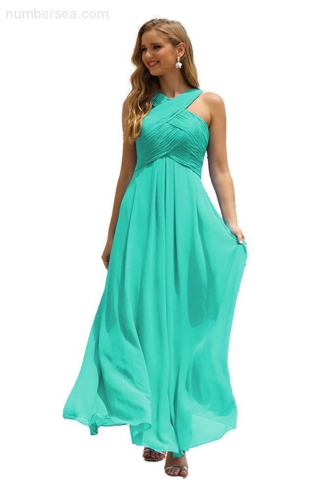Numbersea Women Halter Chiffon Bridesmaid Dress A-line Long Formal Prom Gown SEA28015-numbersea