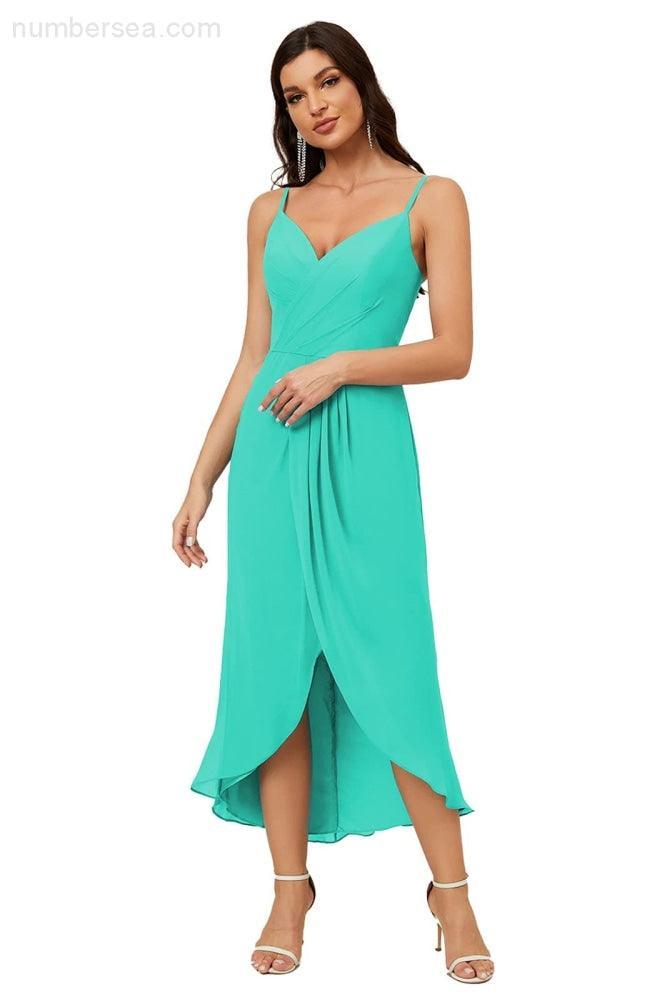 Numbersea Spaghetti Chiffon V Neck Bridesmaid Dress Mid-Length Slit Formal Prom Dress Homecoming Dress 2803-numbersea
