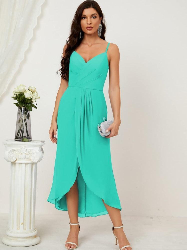 Numbersea Spaghetti Chiffon V Neck Bridesmaid Dress Mid-Length Slit Formal Prom Dress Homecoming Dress 2803-numbersea