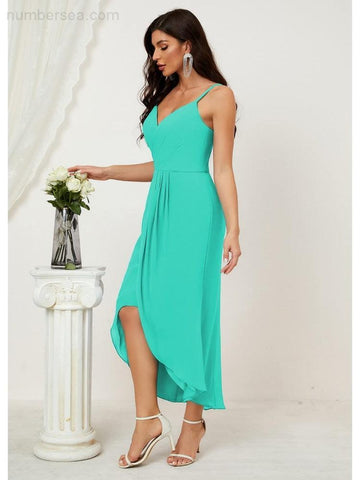 Numbersea Spaghetti Chiffon V Neck Bridesmaid Dress Mid-Length Slit Formal Prom Dress Homecoming Dress 2803-numbersea