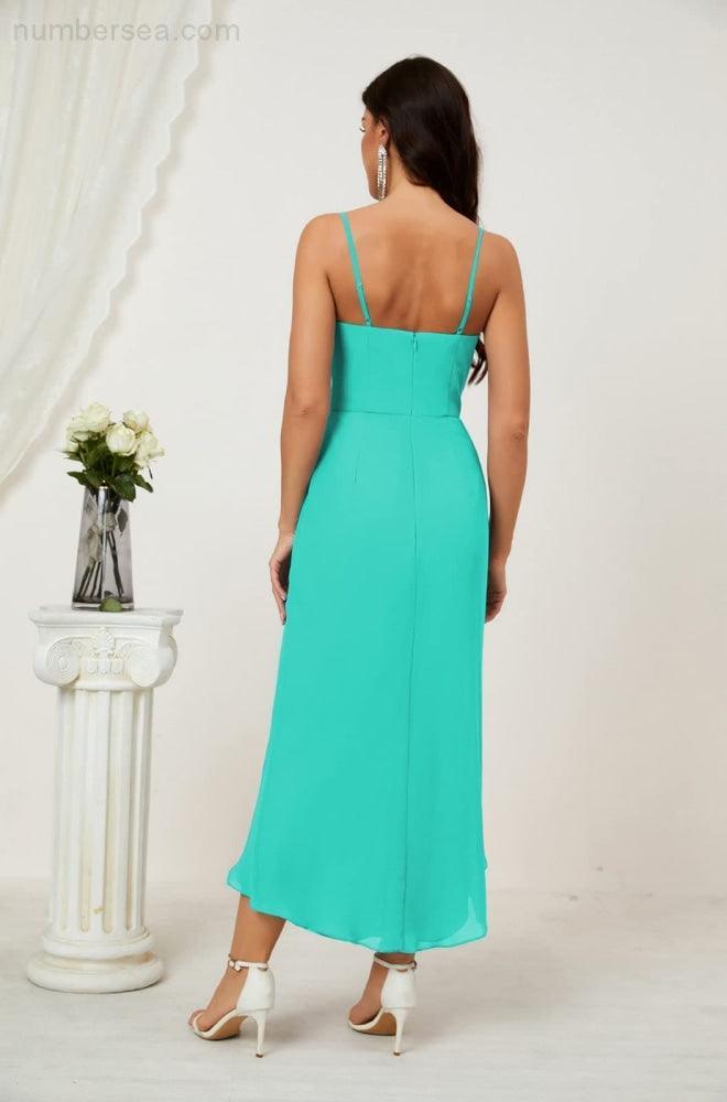 Numbersea Spaghetti Chiffon V Neck Bridesmaid Dress Mid-Length Slit Formal Prom Dress Homecoming Dress 2803-numbersea