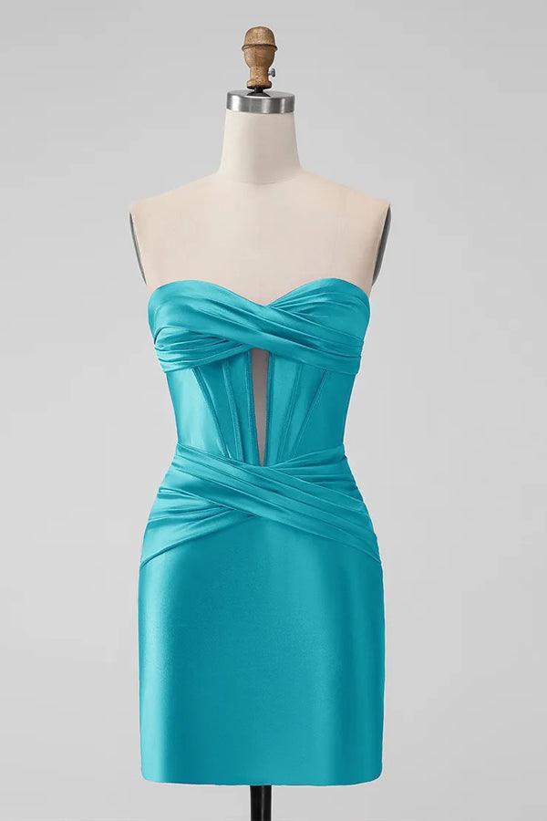 Vestido de fiesta de satén turquesa con escote tipo cerradura, sin tirantes y ajustado