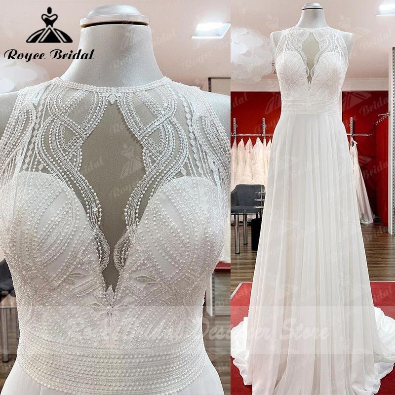 Vestido de novia de playa Trouwjurk con corpiño de encaje de gasa, corte A, sin mangas, espalda abierta, hecho a medida, bata de novia NumberSea