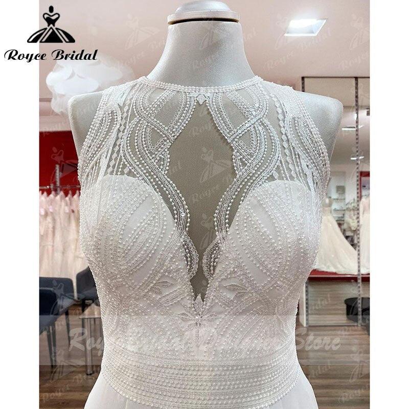 Vestido de novia de playa Trouwjurk con corpiño de encaje de gasa, corte A, sin mangas, espalda abierta, hecho a medida, bata de novia NumberSea