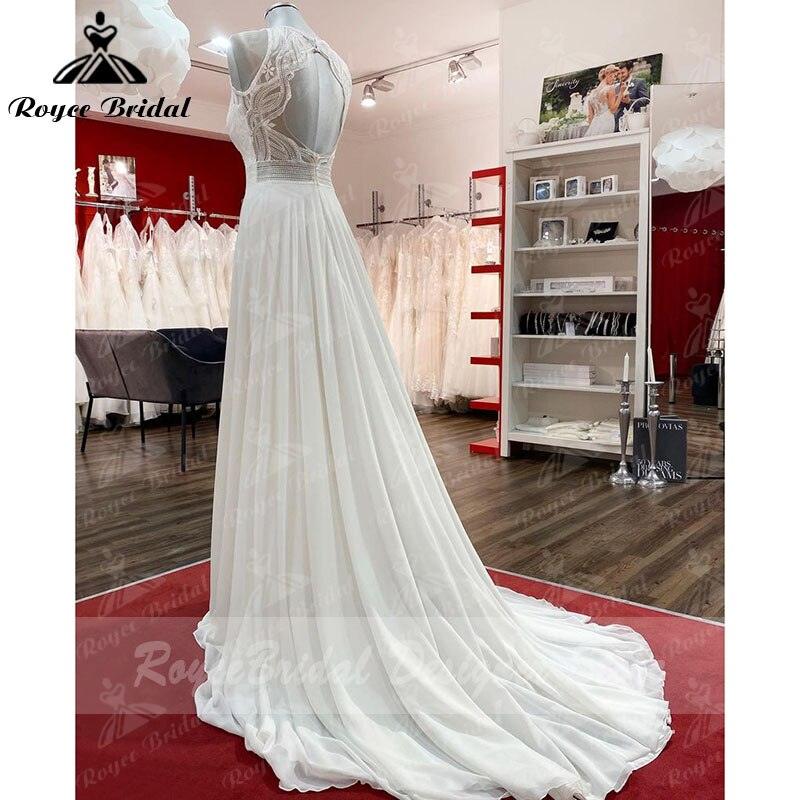 Vestido de novia de playa Trouwjurk con corpiño de encaje de gasa, corte A, sin mangas, espalda abierta, hecho a medida, bata de novia NumberSea