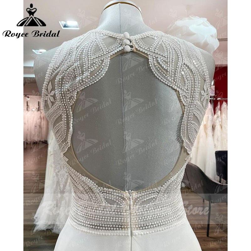 Vestido de novia de playa Trouwjurk con corpiño de encaje de gasa, corte A, sin mangas, espalda abierta, hecho a medida, bata de novia NumberSea