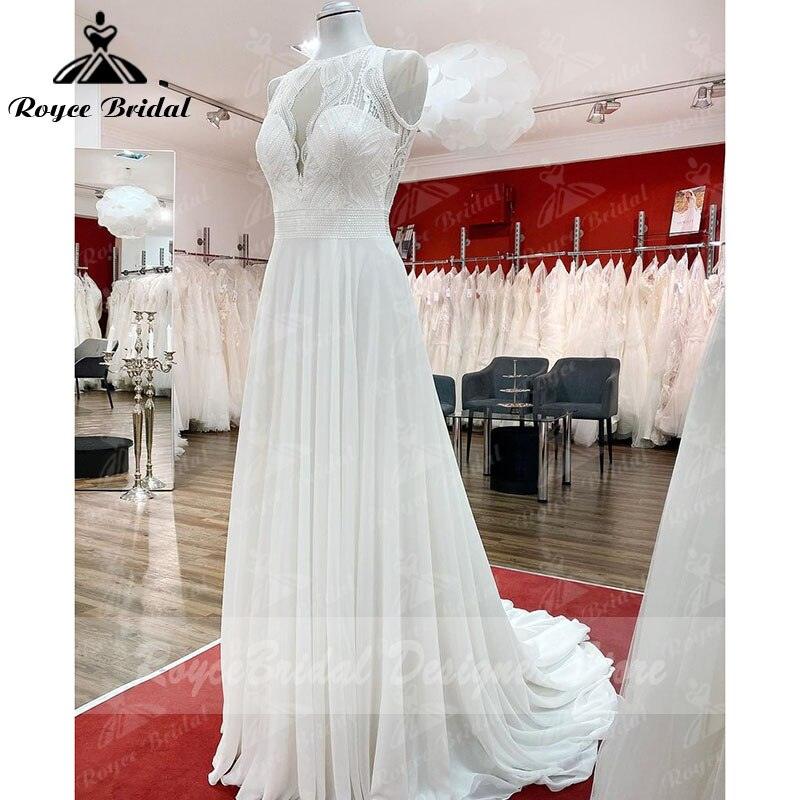 Vestido de novia de playa Trouwjurk con corpiño de encaje de gasa, corte A, sin mangas, espalda abierta, hecho a medida, bata de novia NumberSea