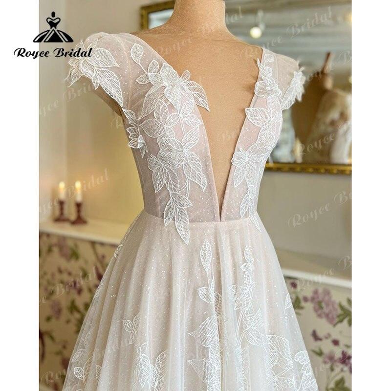 Hermoso vestido de novia de corte A de Trouwjurk, con mangas cortas y apliques de encaje, escote en V profundo, color rosa ruborizado, para mujer, Robe De Mariée
