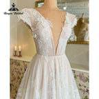 Hermoso vestido de novia de corte A de Trouwjurk, con mangas cortas y apliques de encaje, escote en V profundo, color rosa ruborizado, para mujer, Robe De Mariée