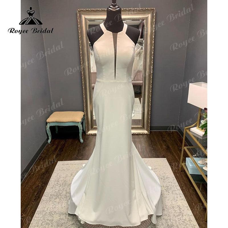 Trouwjurk Neckholder Boho Satin Meerjungfrau/Trompete Hochzeitskleid Sweep Train Open Back 2025 Vinatge Boho Custom Made robe de mariée