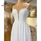 Vestido de novia Trouwjurk sencillo de corte A con tirantes finos, escote en V profundo, espalda abierta, encaje, personalizado, para novia civil