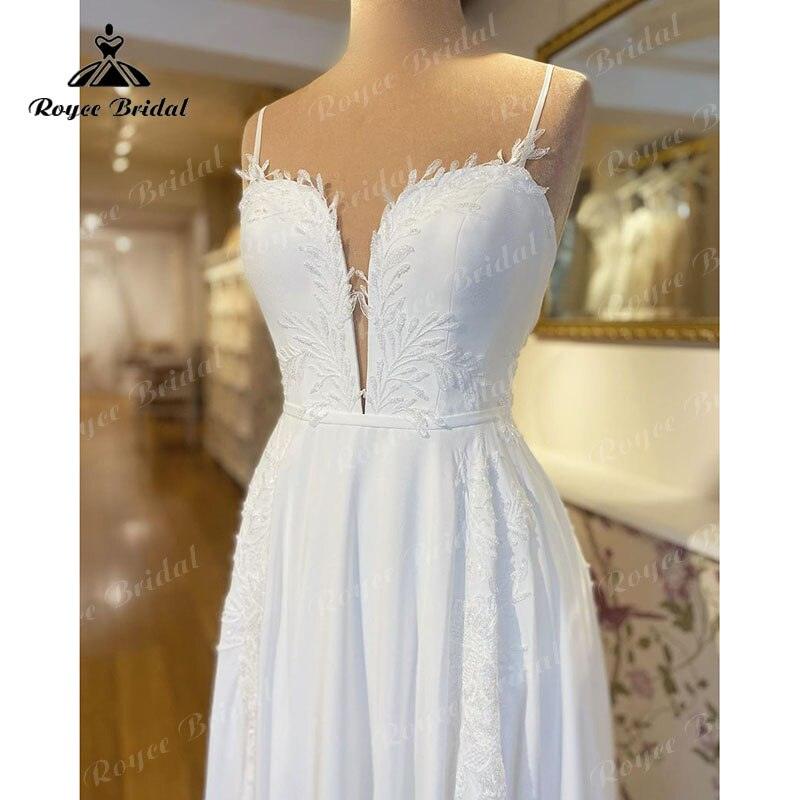 Vestido de novia Trouwjurk sencillo de corte A con tirantes finos, escote en V profundo, espalda abierta, encaje, personalizado, para novia civil