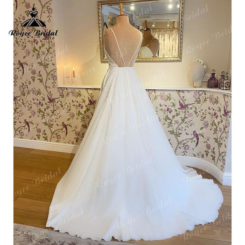 Vestido de novia Trouwjurk sencillo de corte A con tirantes finos, escote en V profundo, espalda abierta, encaje, personalizado, para novia civil