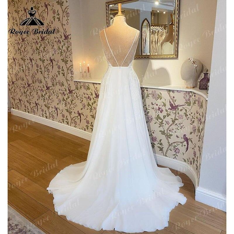 Vestido de novia Trouwjurk sencillo de corte A con tirantes finos, escote en V profundo, espalda abierta, encaje, personalizado, para novia civil