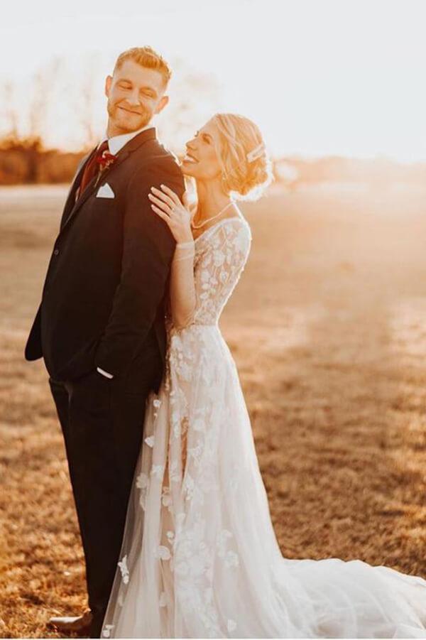 Vestidos de novia NumberSea de tul, corte A, mangas largas, apliques de encaje, MW605