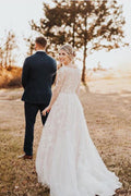 Vestidos de novia NumberSea de tul, corte A, mangas largas, apliques de encaje, MW605