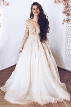 Vestido de novia NumberSea de tul, corte A, mangas largas, apliques de encaje, MW822