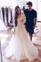 Vestido de novia NumberSea de tul, corte A, mangas largas, apliques de encaje, MW822