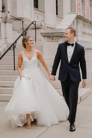 NumberSea Tulle A-line Backless V-neck Wedding Dress With Lace Appliques, Bridal Gown, MW883