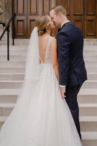 NumberSea Tulle A-line Backless V-neck Wedding Dress With Lace Appliques, Bridal Gown, MW883