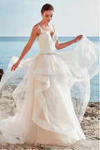 Vestido de novia NumberSea de tul, corte A, tirantes finos, espalda descubierta y cuentas, MW734