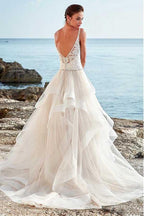 Vestido de novia NumberSea de tul, corte A, tirantes finos, espalda descubierta y cuentas, MW734