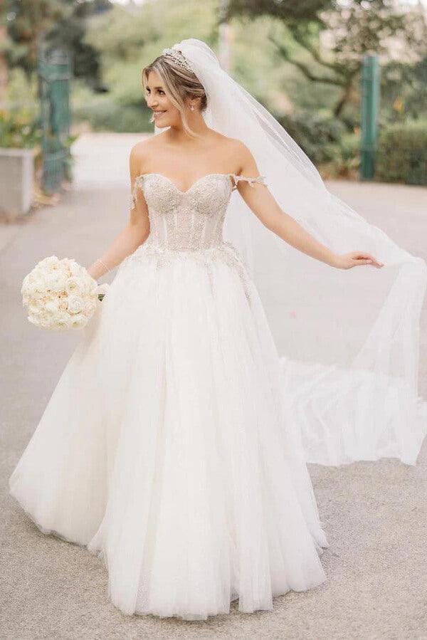 Vestidos de novia NumberSea de tul con escote corazón, corte A y cuentas, MW911
