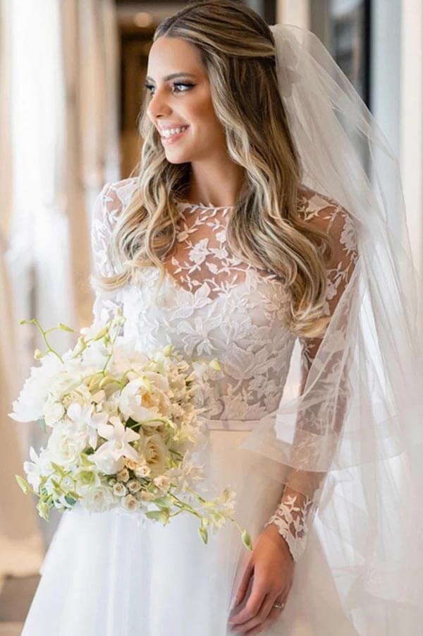 Vestido de novia NumberSea de tul, corte A, ilusión, encaje floral, manga larga, MW937
