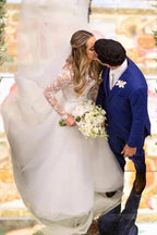 Vestido de novia NumberSea de tul, corte A, ilusión, encaje floral, manga larga, MW937