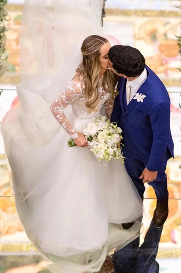 Vestido de novia NumberSea de tul, corte A, ilusión, encaje floral, manga larga, MW937