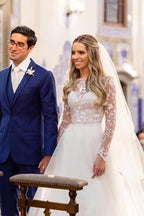 Vestido de novia NumberSea de tul, corte A, ilusión, encaje floral, manga larga, MW937