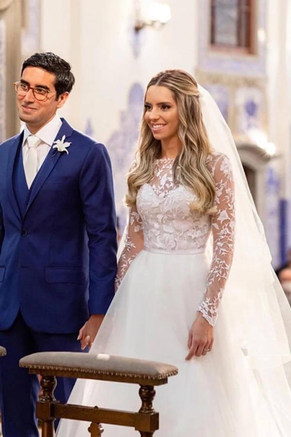 Vestido de novia NumberSea de tul, corte A, ilusión, encaje floral, manga larga, MW937