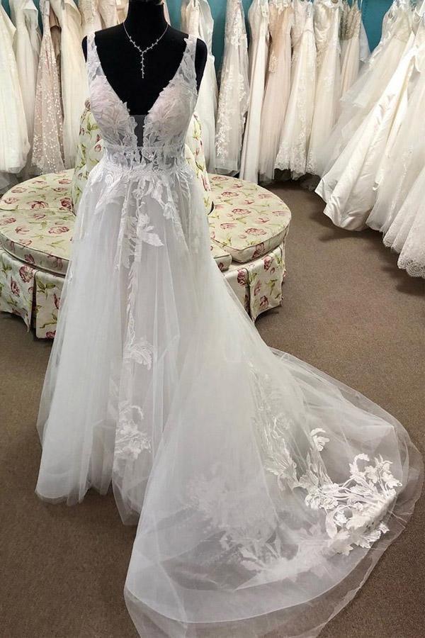 NumberSea Tulle A-line Lace Appliqued Deep V-neck Court Train Wedding Dresses