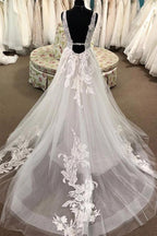 NumberSea Tulle A-line Lace Appliqued Deep V-neck Court Train Wedding Dresses