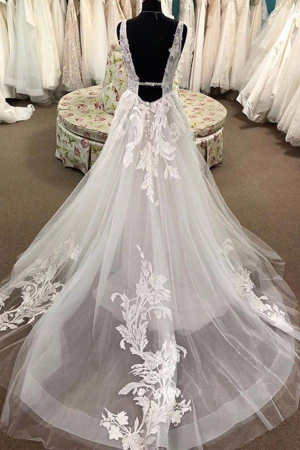 NumberSea Tulle A-line Lace Appliqued Deep V-neck Court Train Wedding Dresses