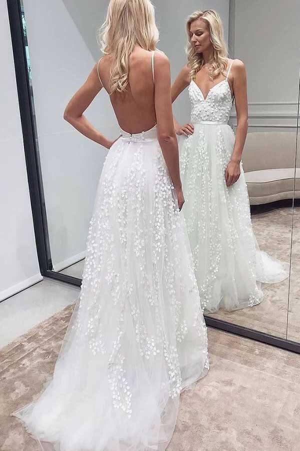 Vestido de novia NumberSea de tul, corte A, con apliques de encaje y tirantes finos, MW726