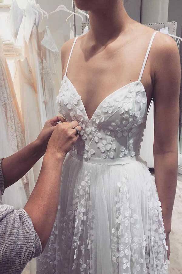 Vestido de novia NumberSea de tul, corte A, con apliques de encaje y tirantes finos, MW726