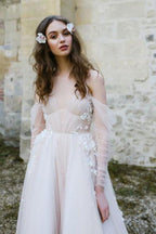 Vestido de novia de playa NumberSea de tul, corte A, manga larga y apliques de encaje, MW1029