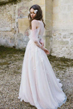 Vestido de novia de playa NumberSea de tul, corte A, manga larga y apliques de encaje, MW1029
