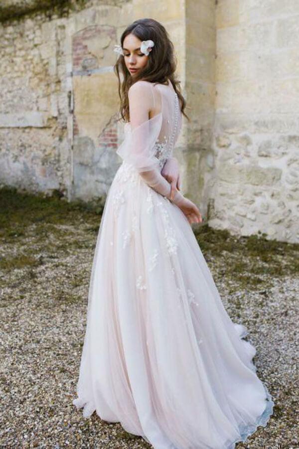 Vestido de novia de playa NumberSea de tul, corte A, manga larga y apliques de encaje, MW1029