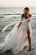 Vestido de novia playero NumberSea de tul, corte A, hombros descubiertos y abertura lateral, MW889
