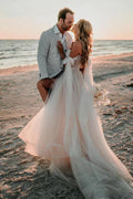 Vestido de novia playero NumberSea de tul, corte A, hombros descubiertos y abertura lateral, MW889