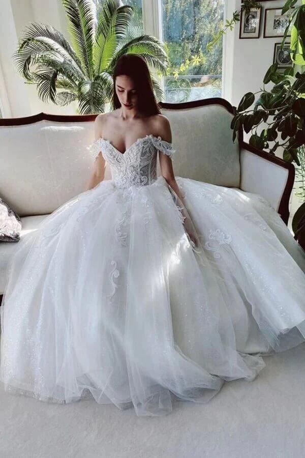 Vestido de novia NumberSea de tul, corte A, hombros descubiertos, cuentas y apliques de encaje, MW780