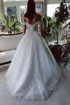 Vestido de novia NumberSea de tul, corte A, hombros descubiertos, cuentas y apliques de encaje, MW780